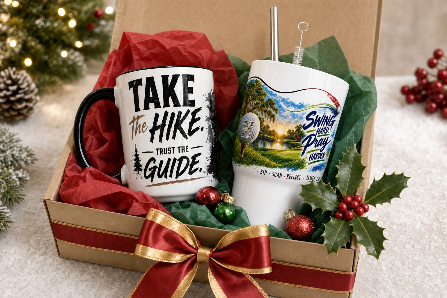 Take the Hike mug and Swing Hard, Pray Harder tumbler gift-boxed with a red and gold ribbon for Christmas