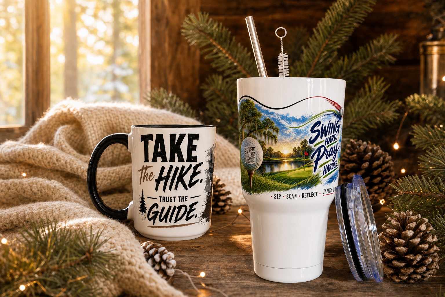 Take the Hike mug and Swing Hard, Pray Harder tumbler styled in a cozy cabin scene for Christmas
