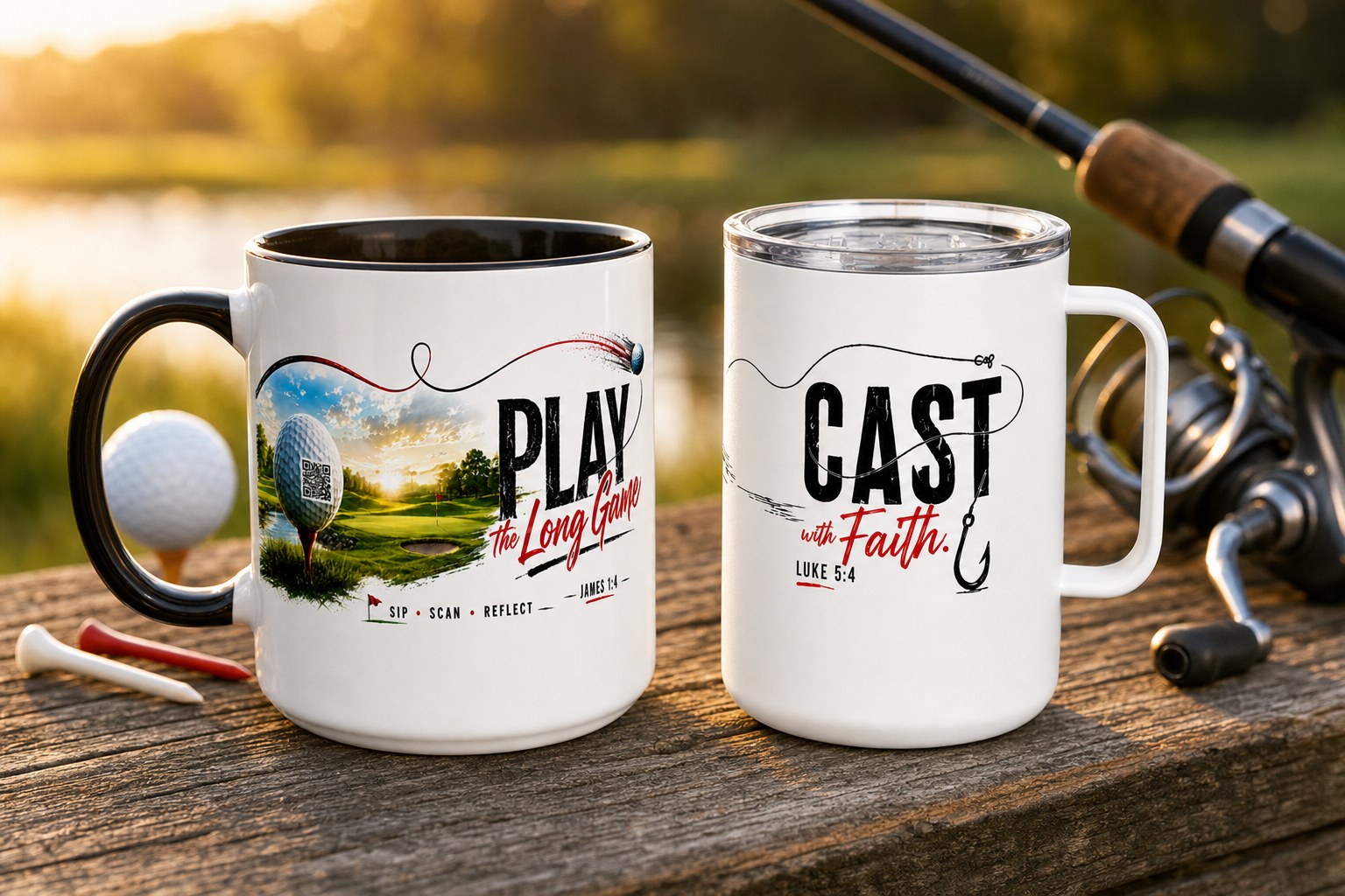 Play the Long Game mug and Cast with Faith mug styled together with fishing gear and golf tees