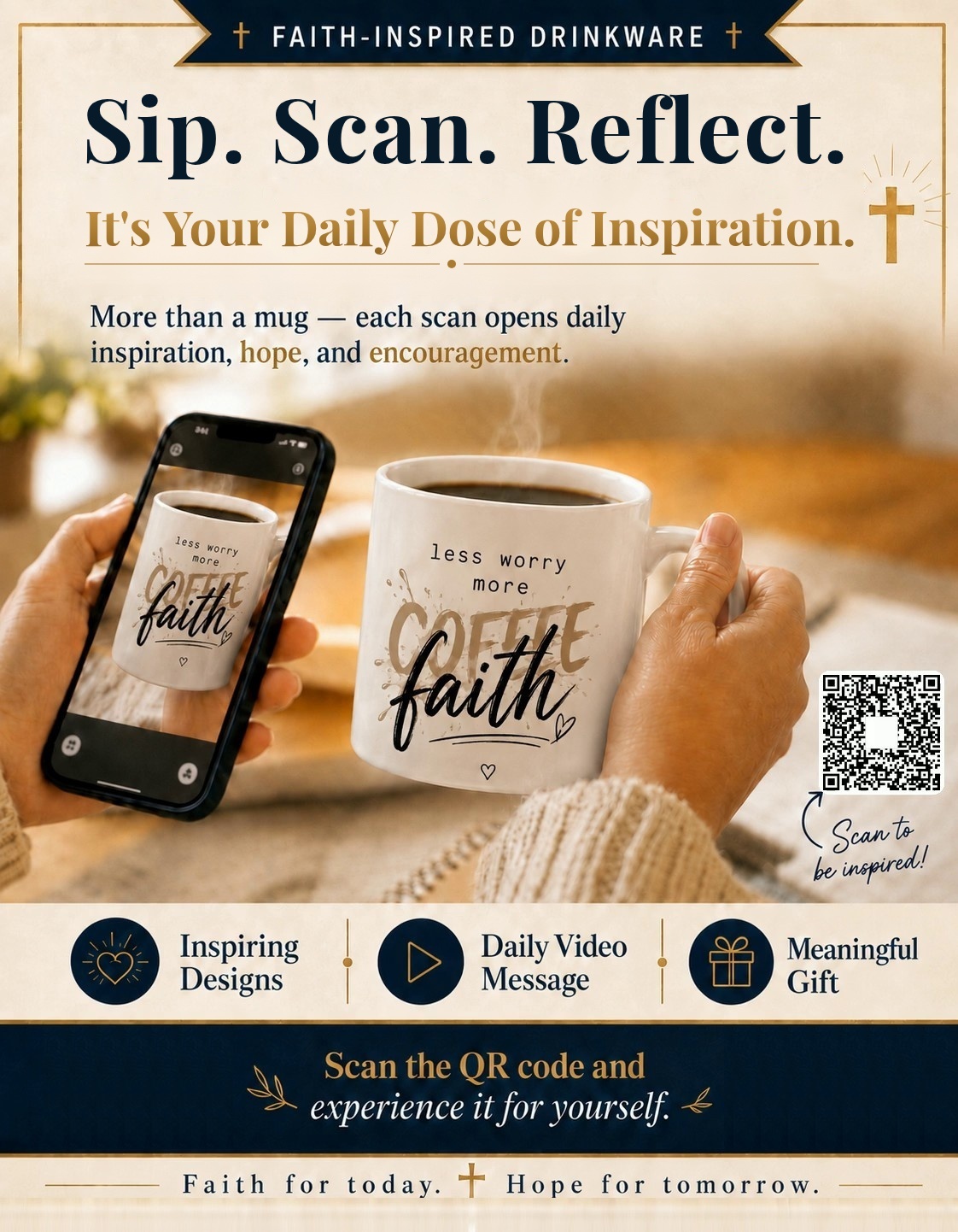Sip. Scan. Reflect. It's Your Daily Dose of Inspiration. — Coffee Faith mug with live scannable QR code