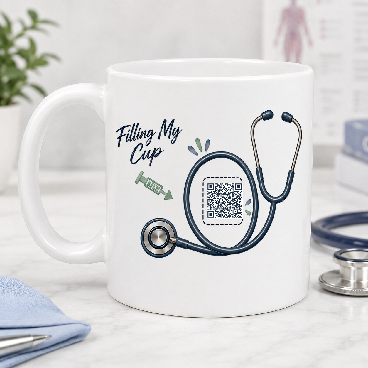 Scrubs On. Faith Up. Let's Go. mug, opposite side with QR code