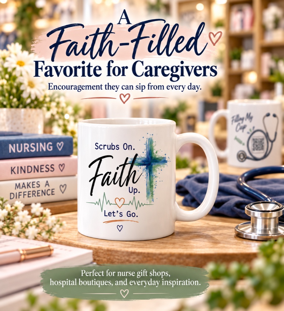 A Faith-Filled Favorite for Caregivers: the Scrubs On. Faith Up. Let's Go. mug on a gift shop display