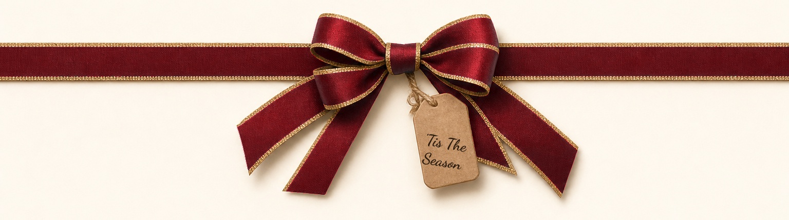 New: Christmas Mug & Tumbler Gift Sets — red and gold ribbon bow with a kraft gift tag reading 'Tis The Season