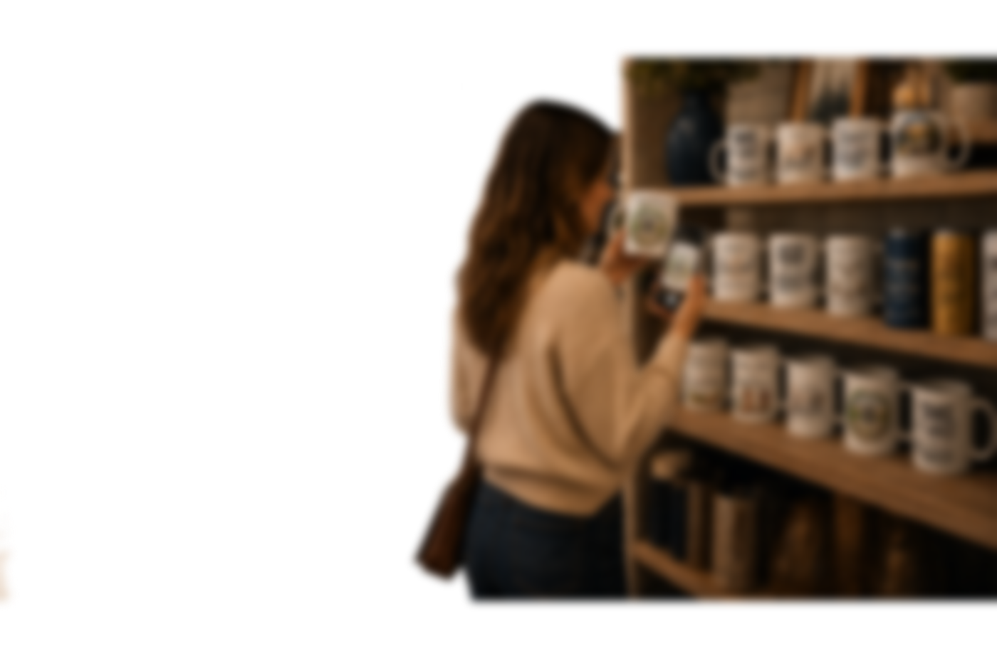Woman scanning a My Faith Encounters mug in a shop