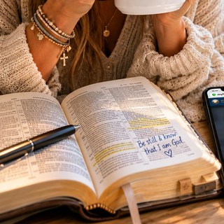 Open Bible with a handwritten note reading Be still and know that I am God
