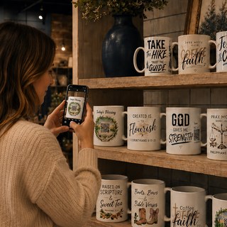 Woman scanning a mug's QR code with her phone