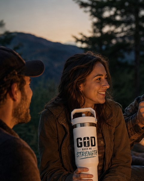 Friends gathered around a campfire with Faith Encounters mugs and tumblers