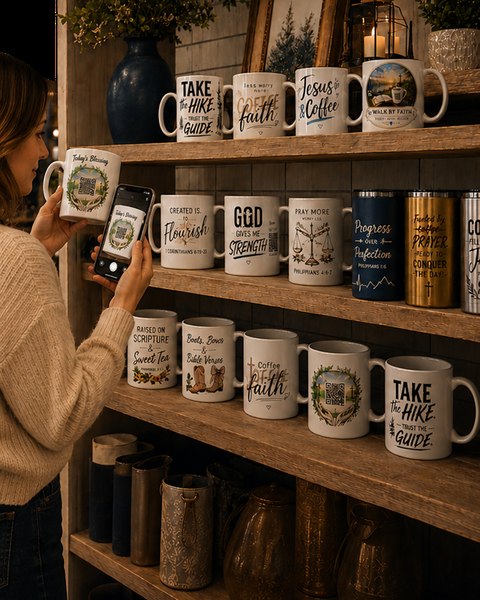 Woman scanning a mug's QR code on a shop shelf