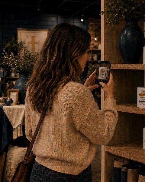 Woman scanning a mug's QR code in a gift shop